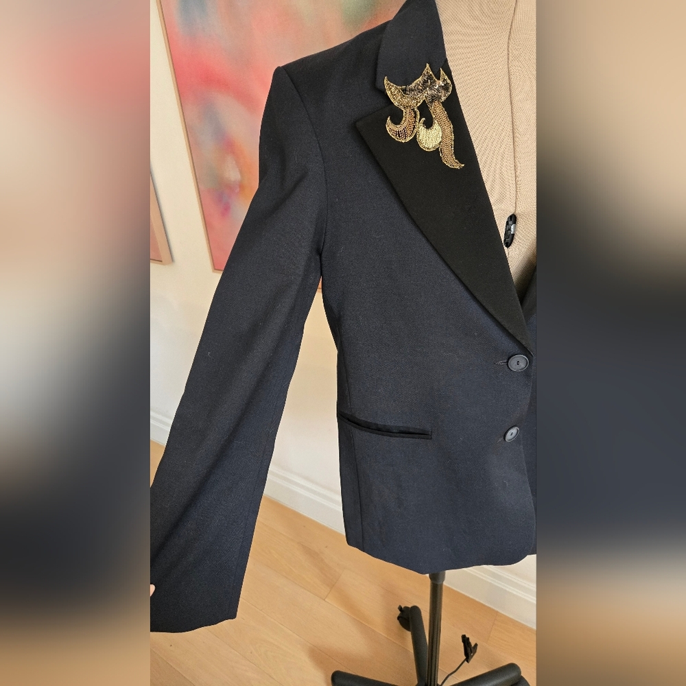 Sandro Oversized Midnight Blue Blazer With Black Satin Lapels And Gold Accents - Picture 4 of 7